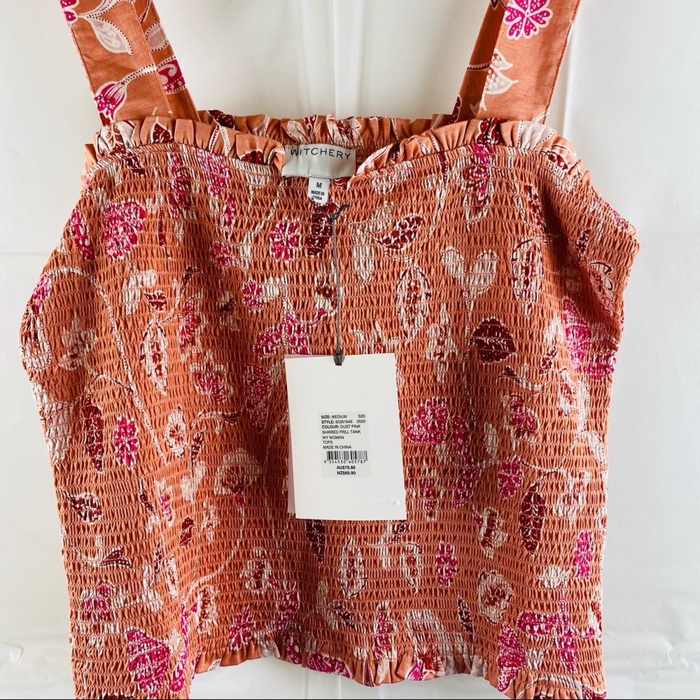 Witchery Pink Floral Shirred Frill Trim Square Neckline Cropped Tank Top Size XL - Picture 5 of 14